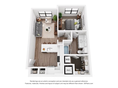 A floor plan of a small apartment with a living room, kitchen, and bathroom.